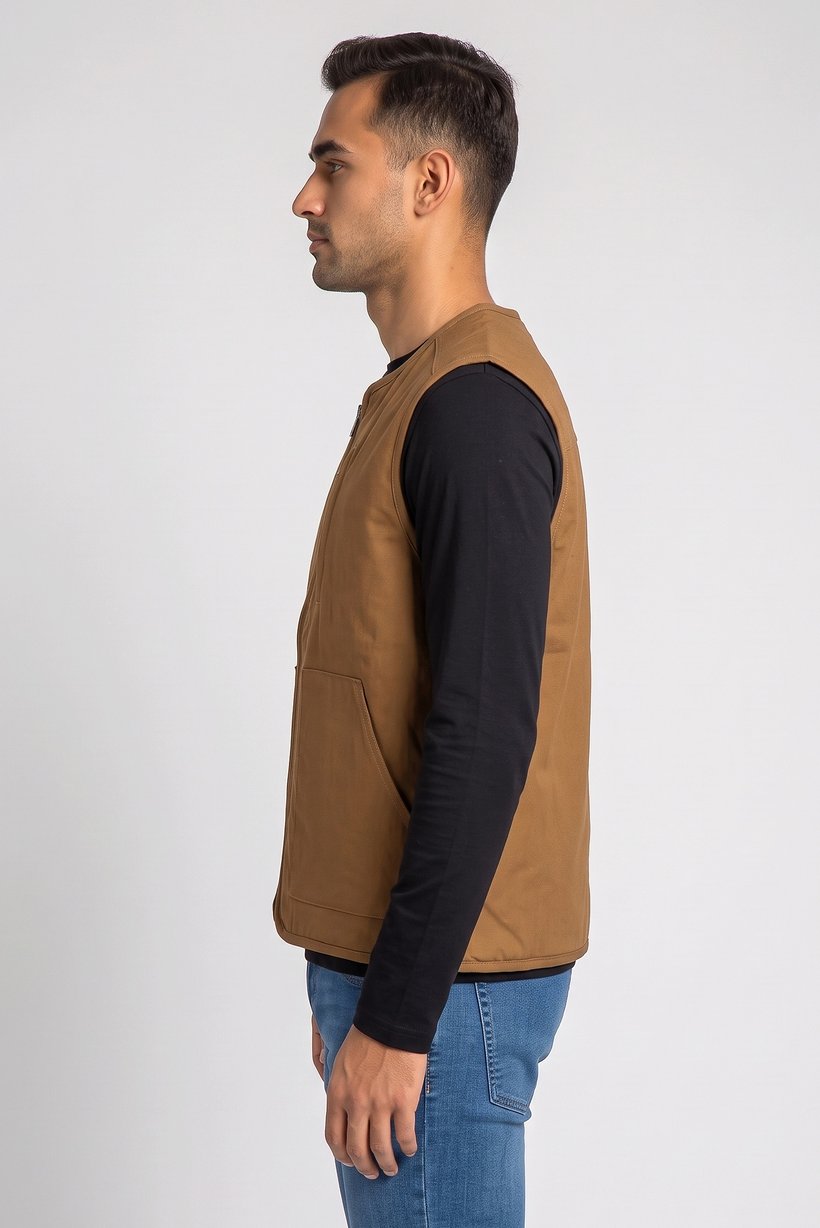 Men Solid Vest Jacket, Dark Tan