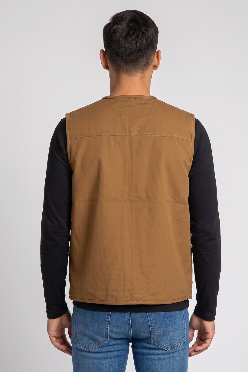 Men Solid Vest Jacket, Dark Tan