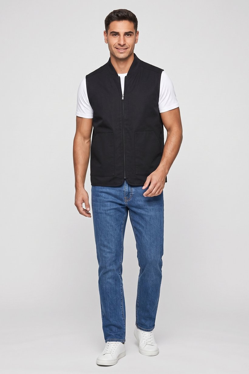 Men Solid Vest Jacket, Black