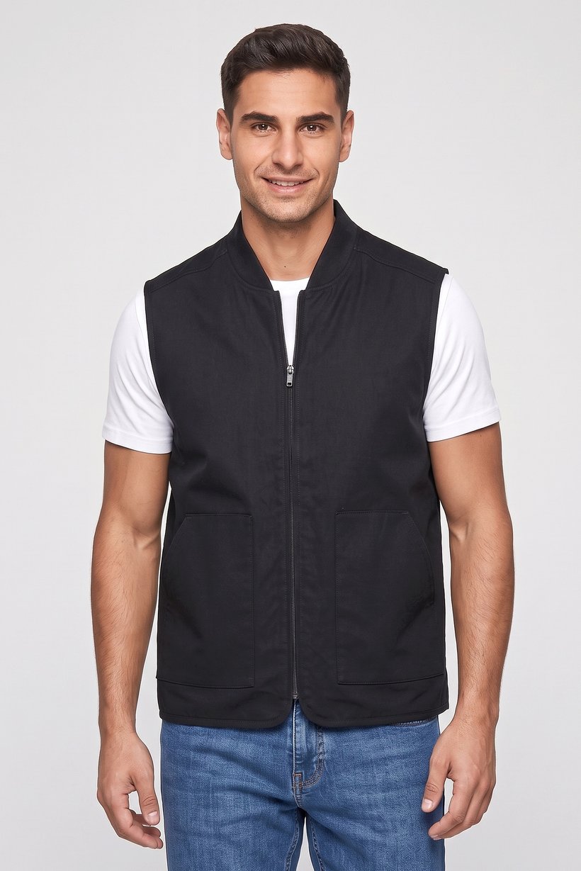 Men Solid Vest Jacket, Black