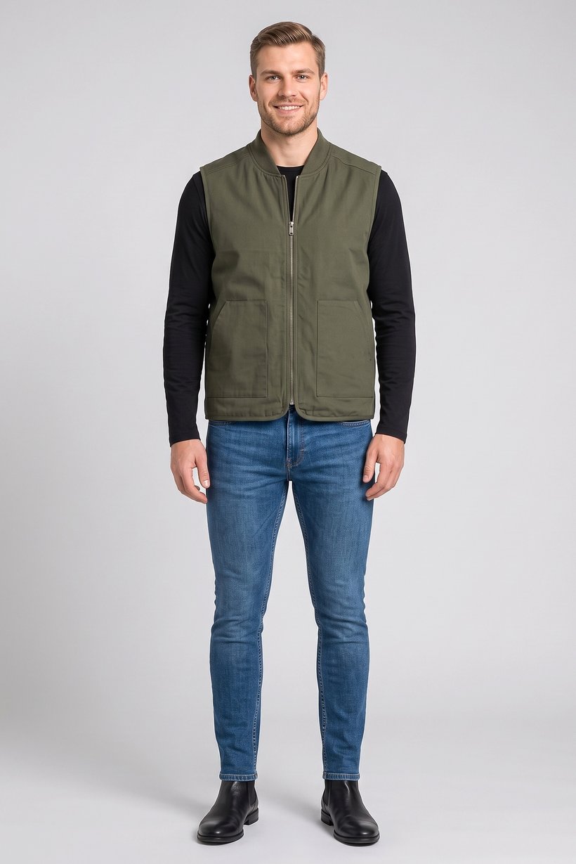 Men Solid Vest Jacket, Khaki
