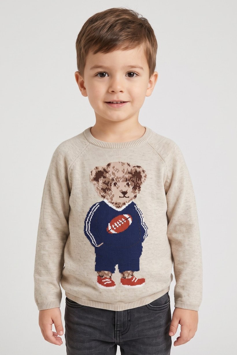 Toddlers Boy Long Sleeve Graphic Print Sweater, Beige