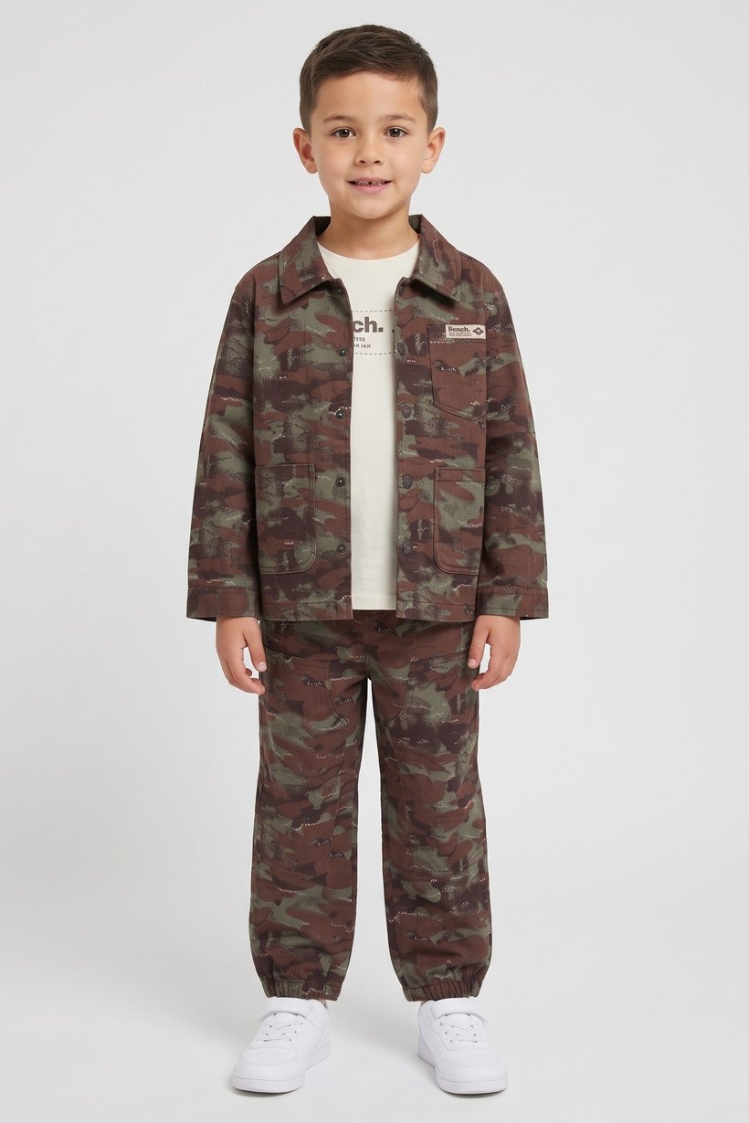 Kids Boy 3 Pcs Camouflage Long Sleeve Shacket And T-shirt With Pants Set, Multicolor