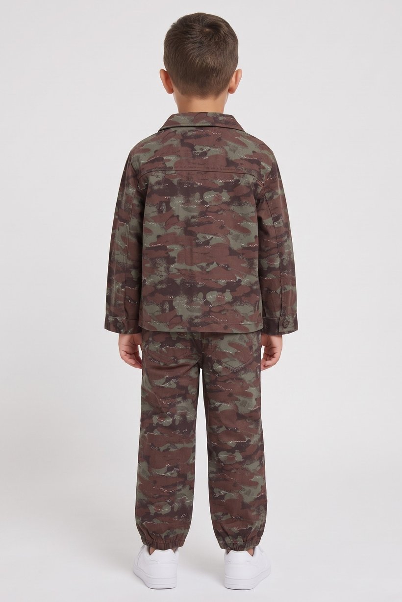 Kids Boy 3 Pcs Camouflage Long Sleeve Shacket And T-shirt With Pants Set, Multicolor