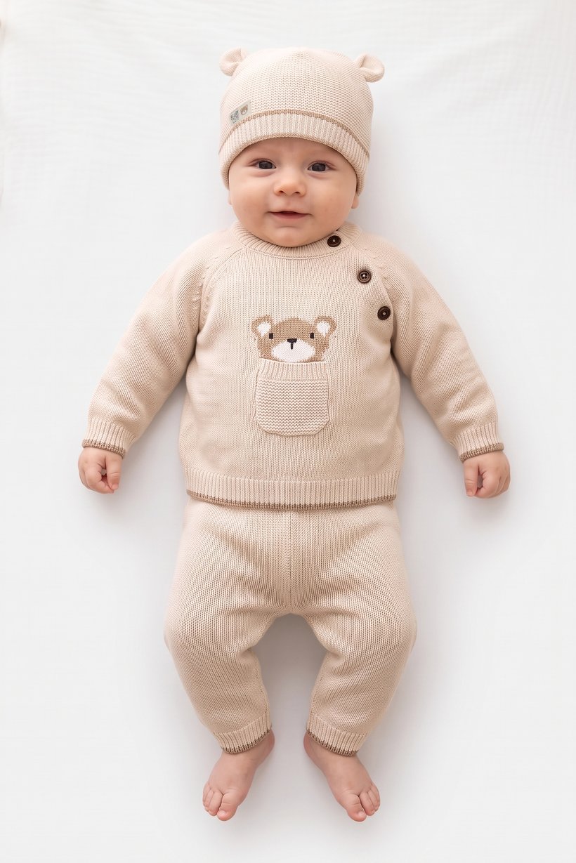 Toddlers Boy 3 Pcs Knitted Sweater And Pants With Beanie, Beige