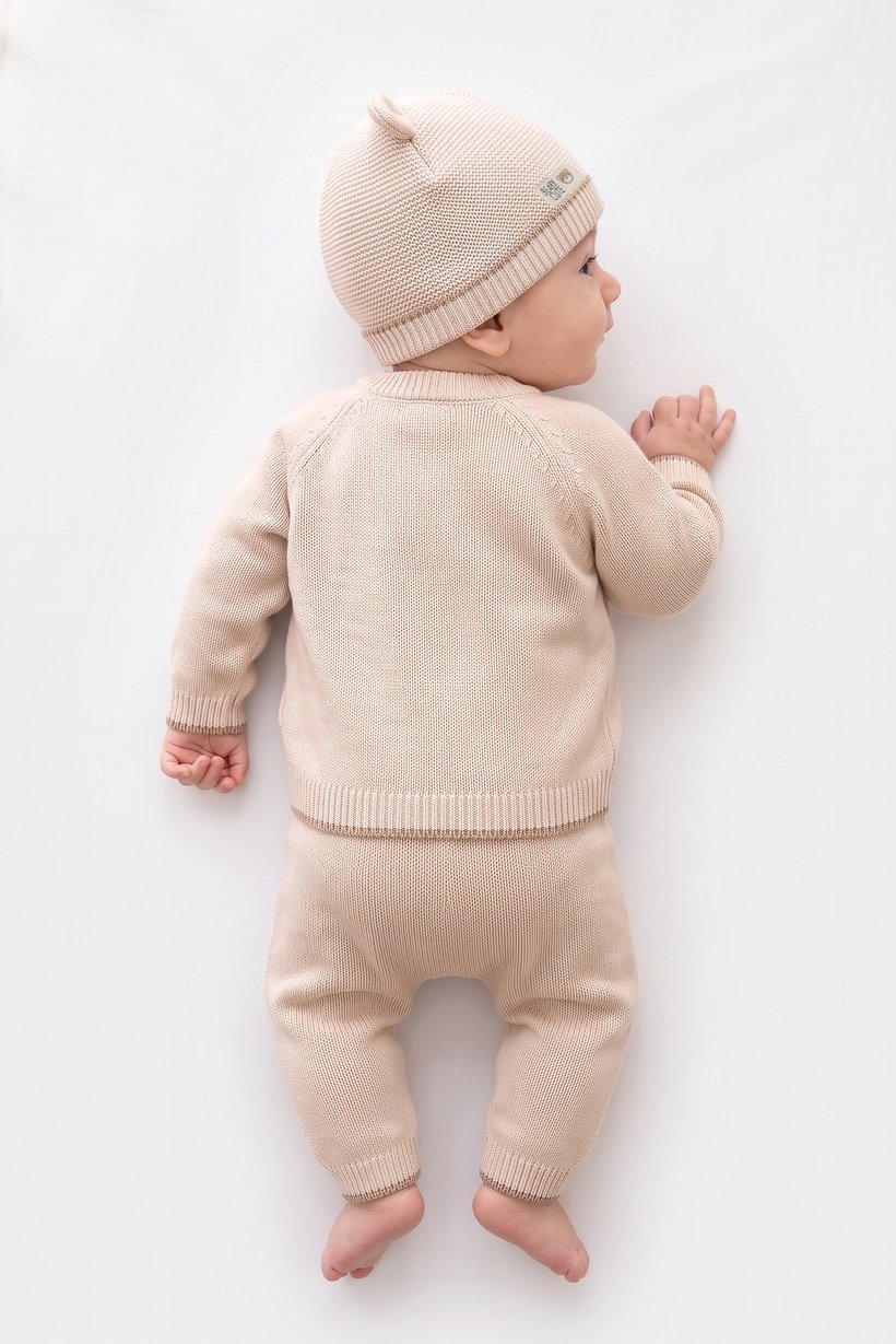 Toddlers Boy 3 Pcs Knitted Sweater And Pants With Beanie, Beige
