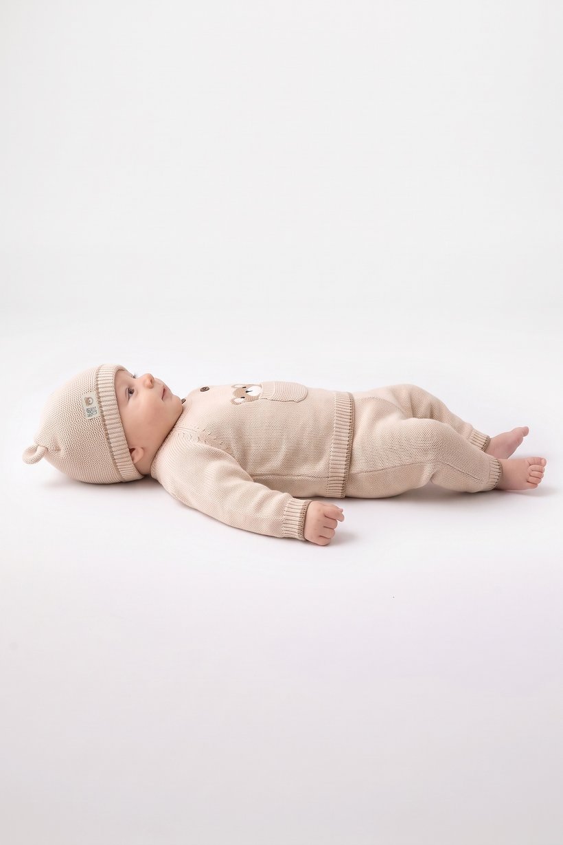 Toddlers Boy 3 Pcs Knitted Sweater And Pants With Beanie, Beige