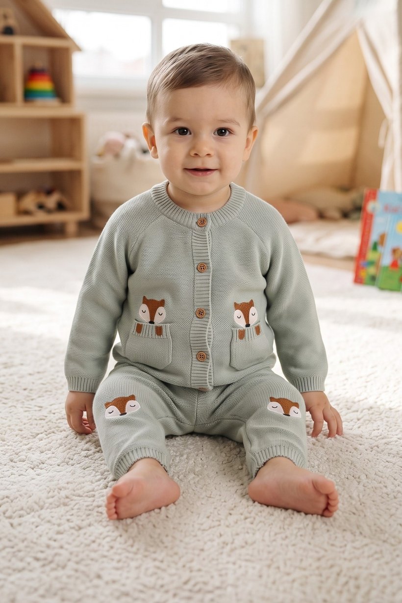 Toddlers Boy 2 Pcs Embroidered Sweater And Pants Set, Sage Green
