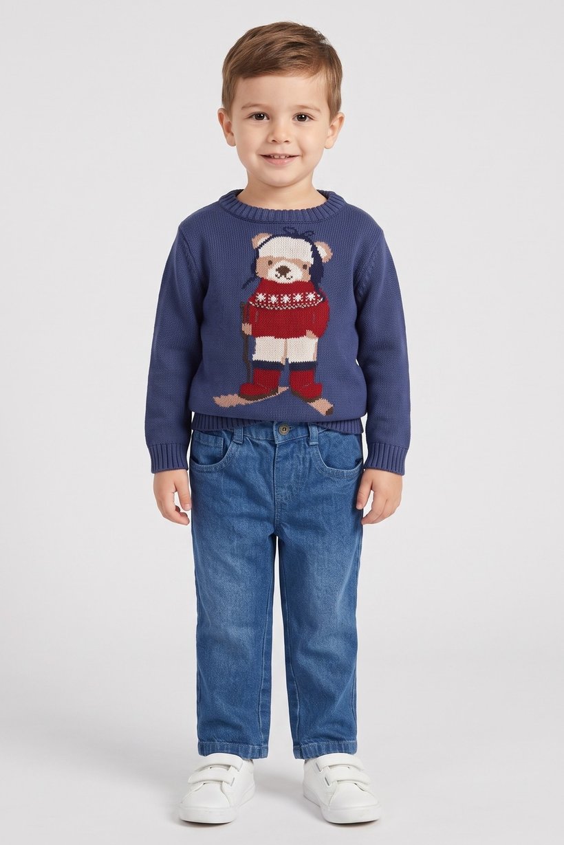 Toddlers Boy 2 Pcs Graphic Print Sweater And Jeans Set, Navy