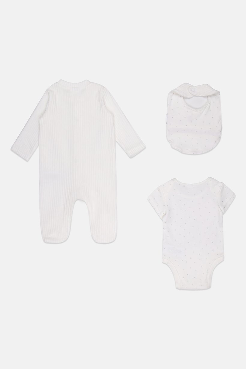 Toddlers Boy 3 Pcs  Allover Print Bodysuit And Romper With Bib, White