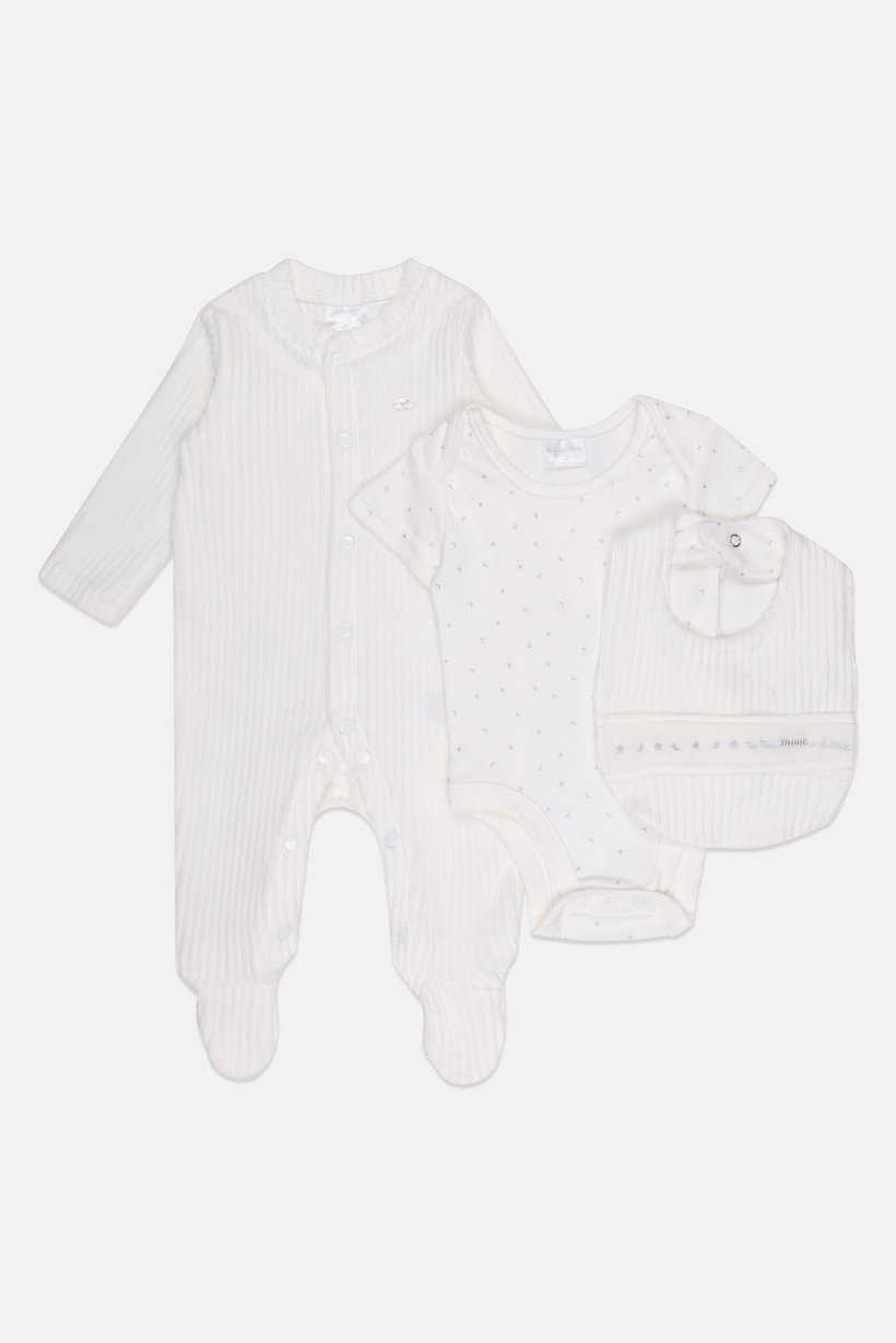 Toddlers Boy 3 Pcs  Allover Print Bodysuit And Romper With Bib, White