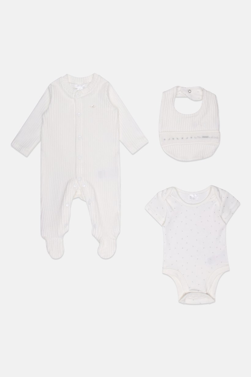 Toddlers Boy 3 Pcs  Allover Print Bodysuit And Romper With Bib, White