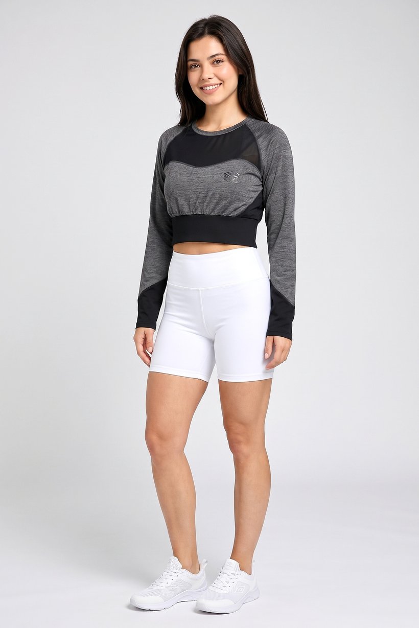 Women Sportswear Fit Long Sleeve Training Crop Top, Heather Black
