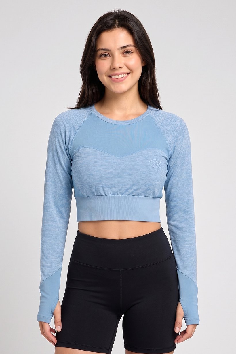 Women Sportswear Fit Long Sleeve Training Crop Top, Heather Blue