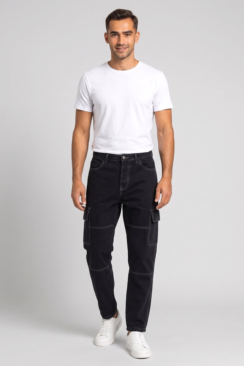 Men Loose Fit Solid Non-Stretchable Cargo Jeans, Black