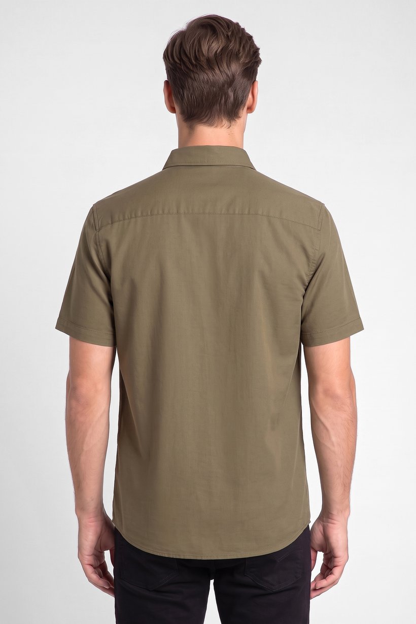 Men Regular Fit Plain Short Sleeve Casual Shirt, Olive