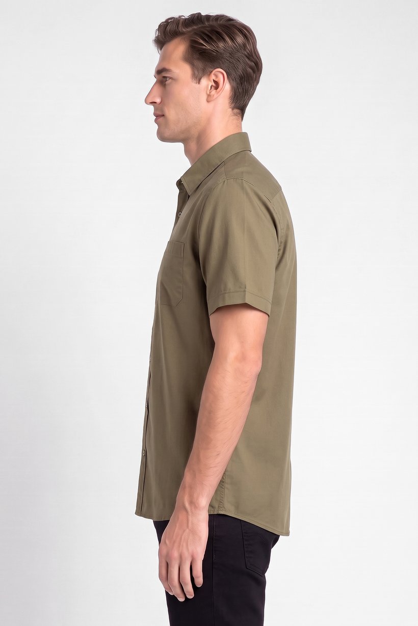 Men Regular Fit Short Sleeve Plain Casual Shirt, Olive