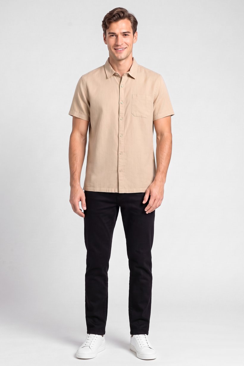Men Regular Fit Short Sleeve Plain Casual Shirt, Beige