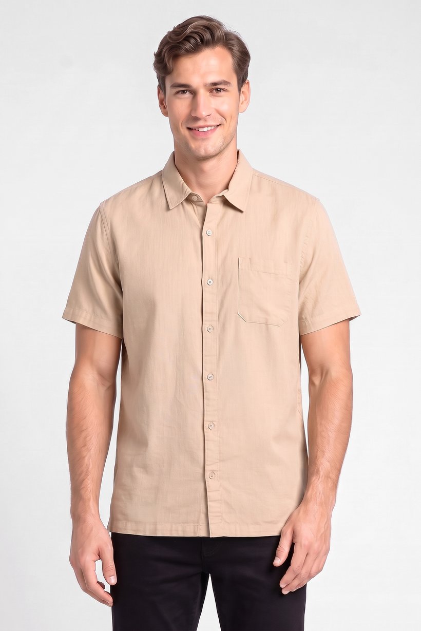 Men Regular Fit Short Sleeve Plain Casual Shirt, Beige