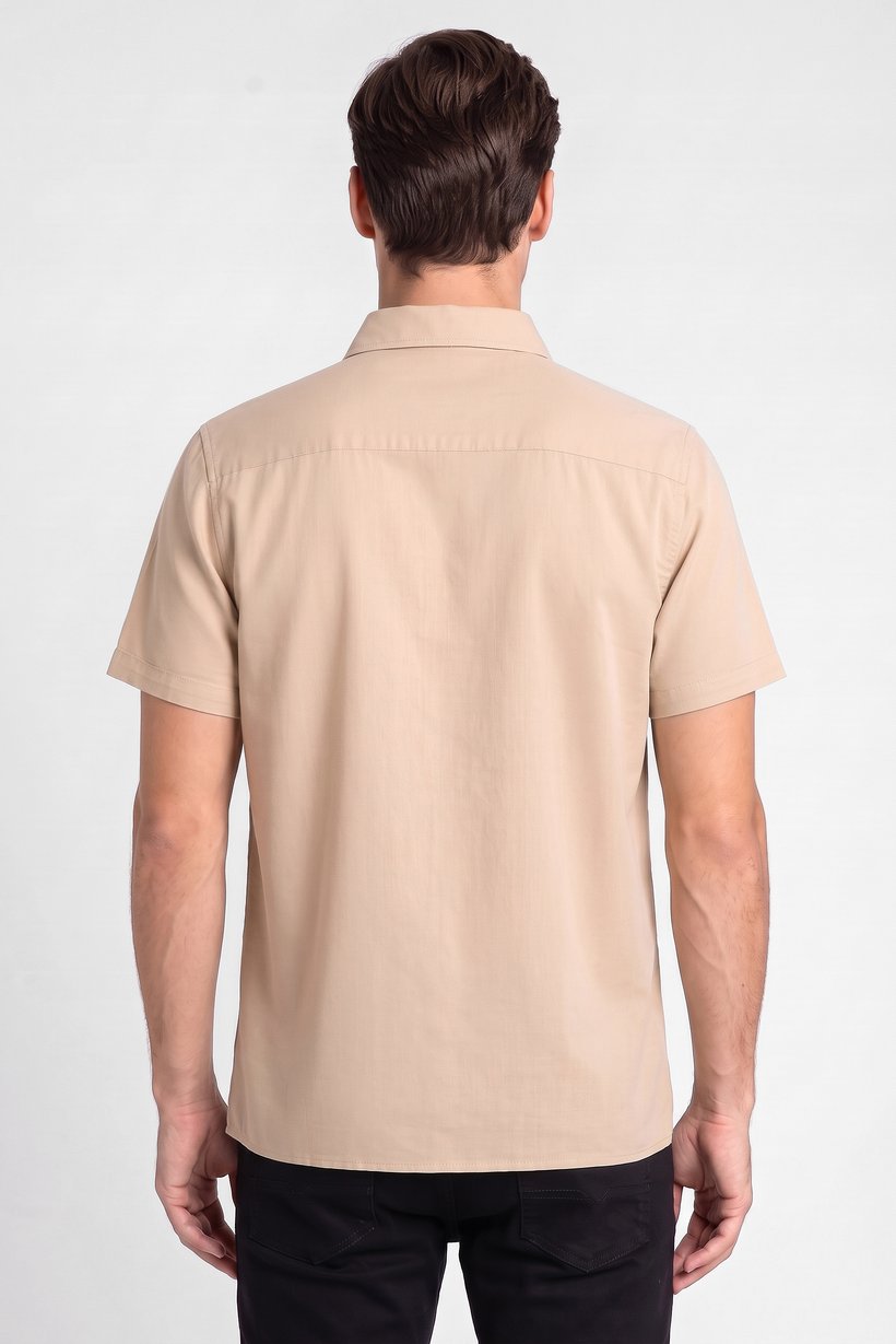 Men Regular Fit Short Sleeve Plain Casual Shirt, Beige
