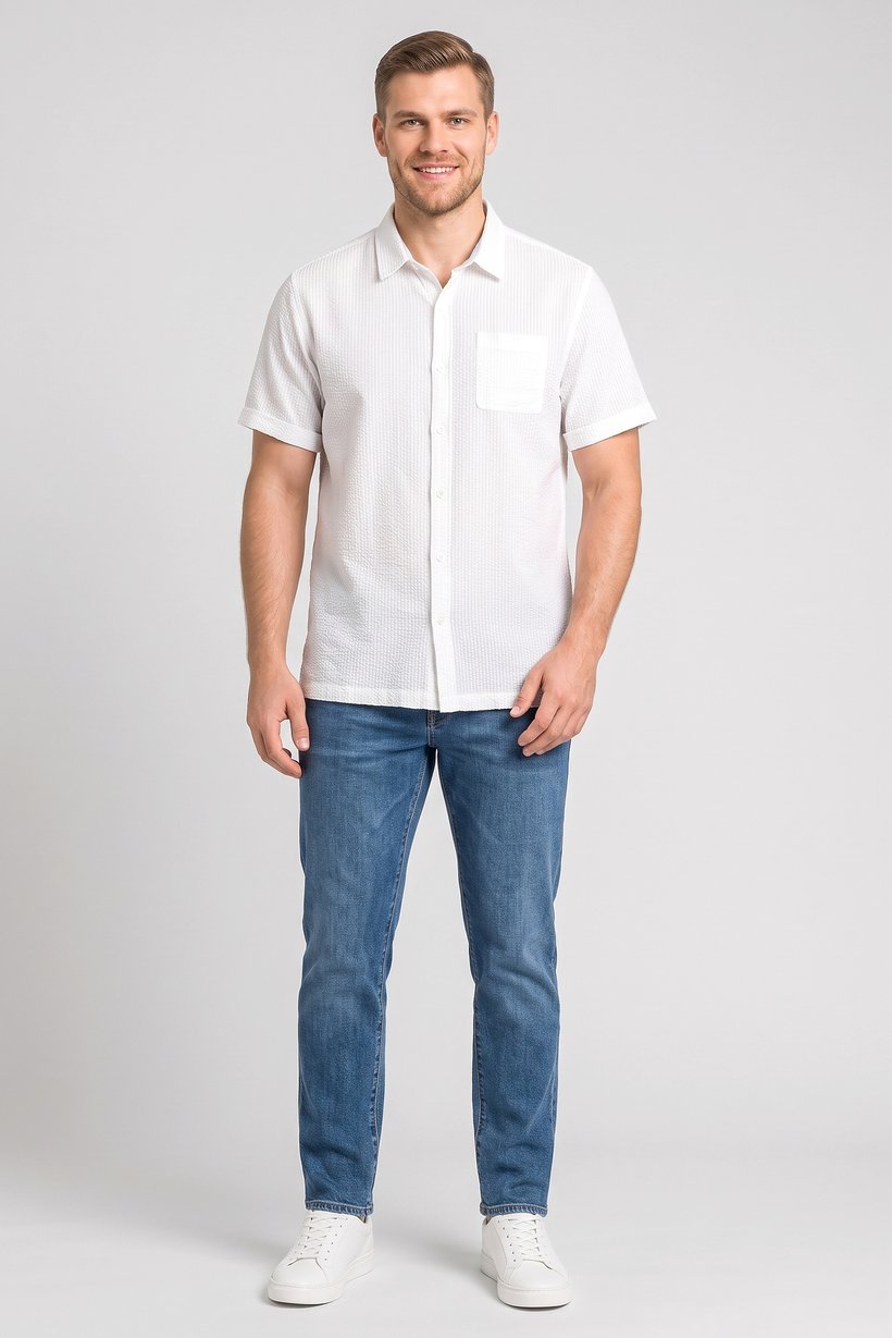 Men Regular Fit Short Sleeve Textured Casual Shirt, White