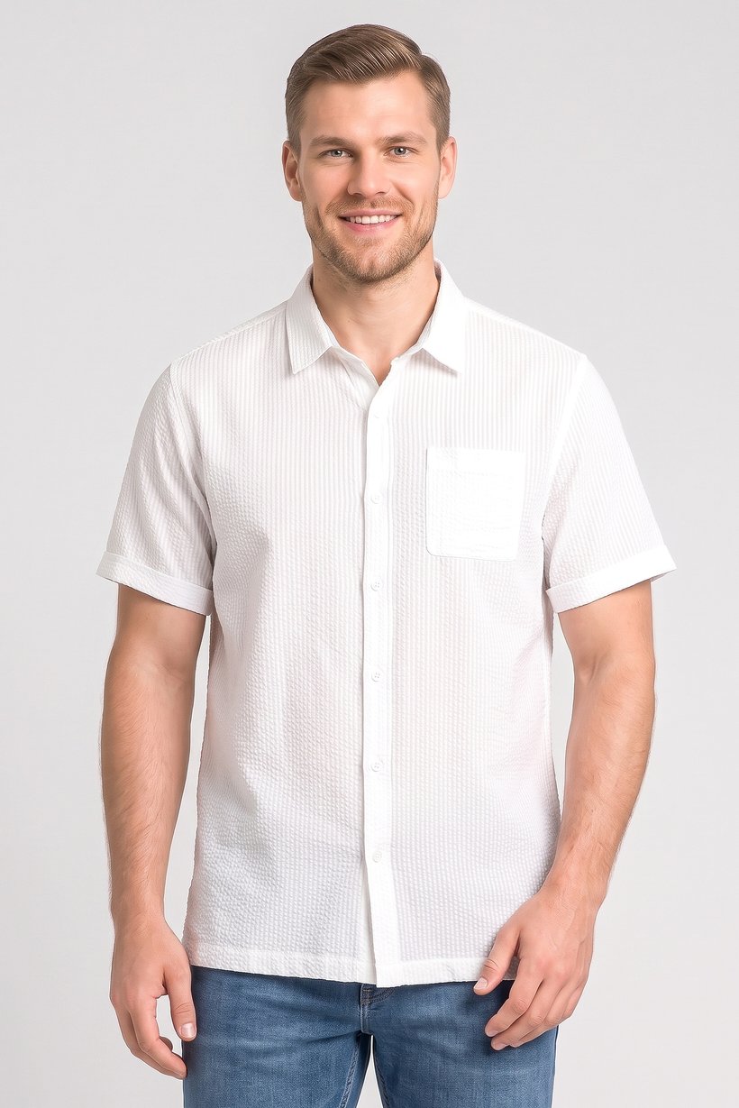 Men Regular Fit Short Sleeve Textured Casual Shirt, White