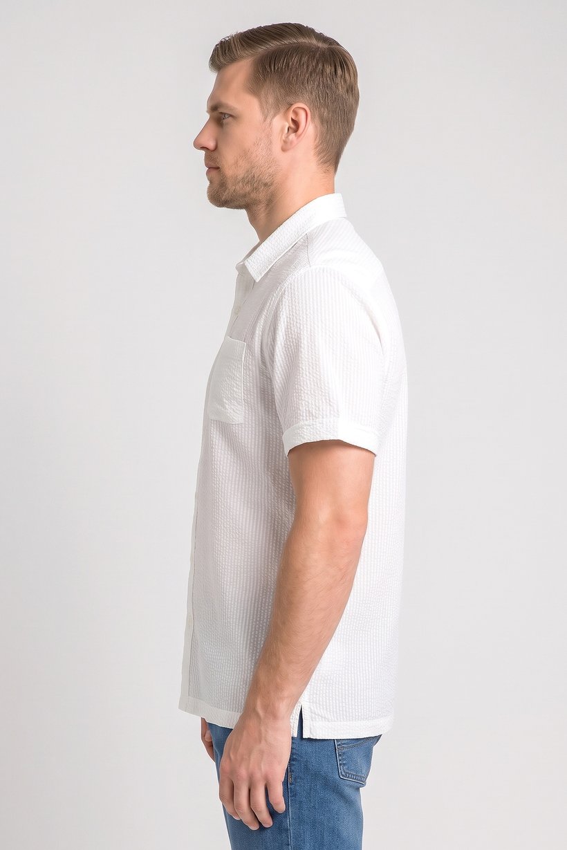 Men Regular Fit Short Sleeve Textured Casual Shirt, White