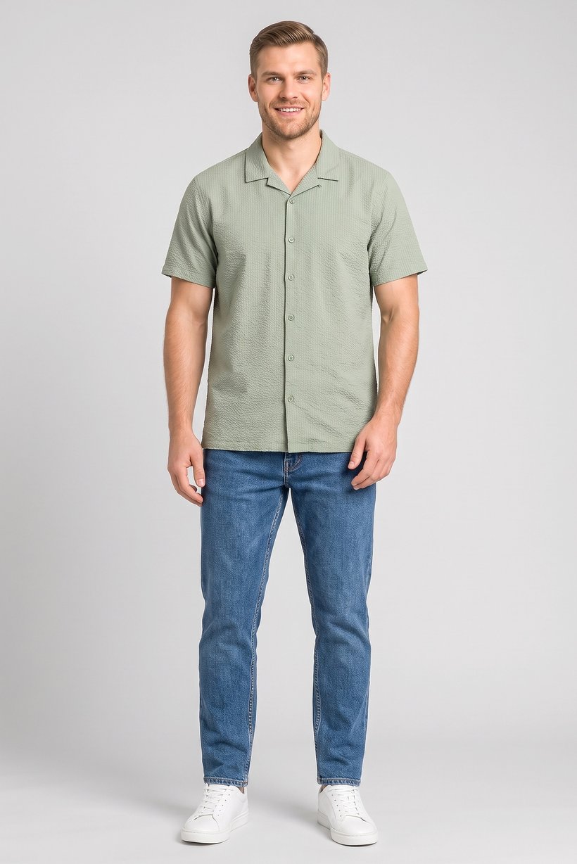 Men Regular Fit Textured Short Sleeve Casual Shirt, Sage Green