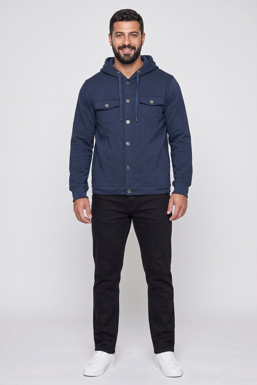 Men Solid Hooded  Jacket, Navy Blue