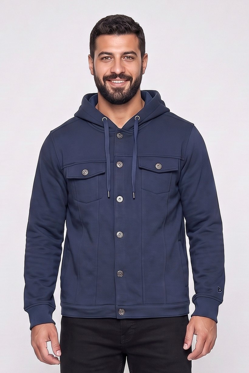 Men Solid Hooded  Jacket, Navy Blue