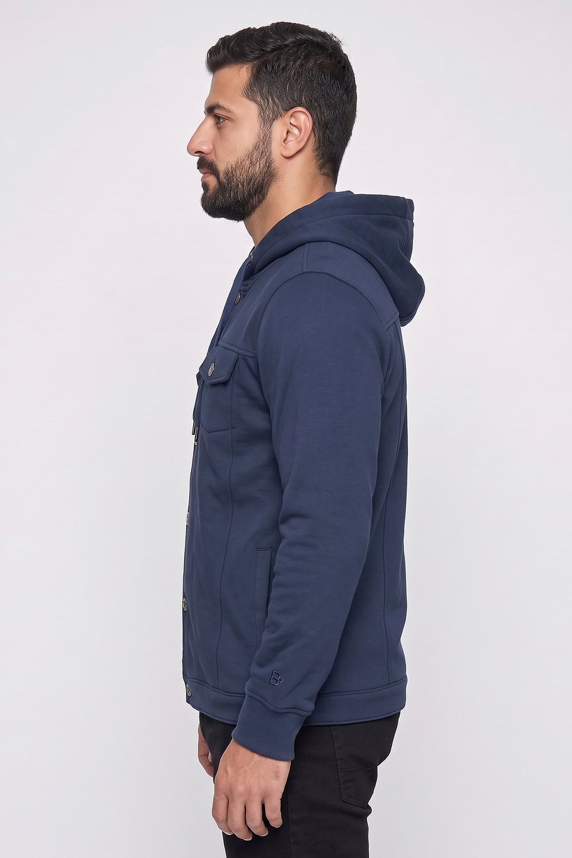 Men Solid Hooded  Jacket, Navy Blue