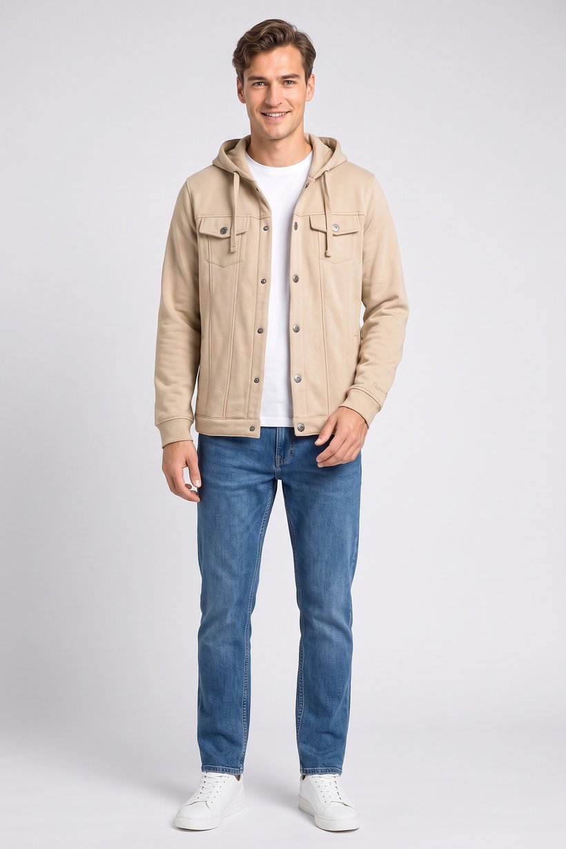 Men Plain Hooded Jacket, Beige