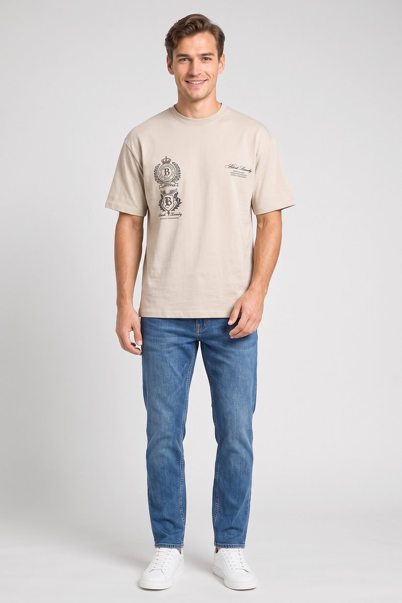 Men Crew Neck Graphic Print Short Sleeve T-Shirt, Tan