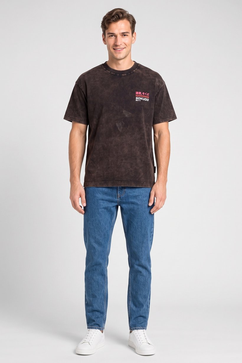 Men Crew Neck  Short Sleeve Brand Logo T-Shirt, Washed Black