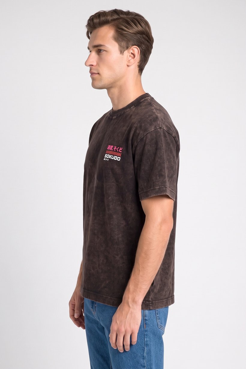 Men Crew Neck  Short Sleeve Brand Logo T-Shirt, Washed Black