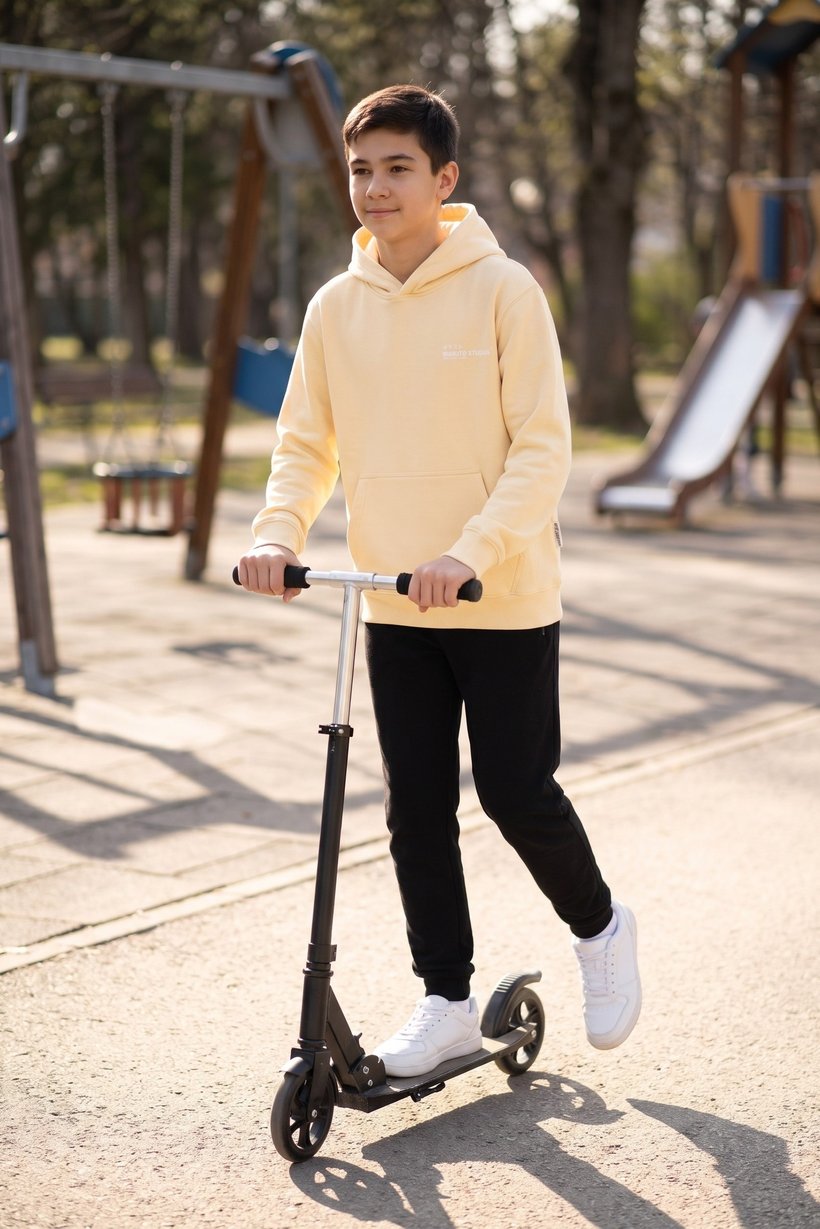 Kids Boy Graphic Print Long Sleeve Hoodie, Dark Beige