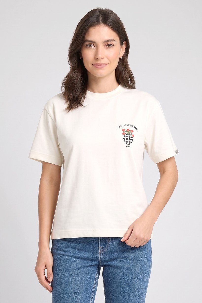 Women Crew Neck Short Sleeve Graphic Print T-Shirt, Off White