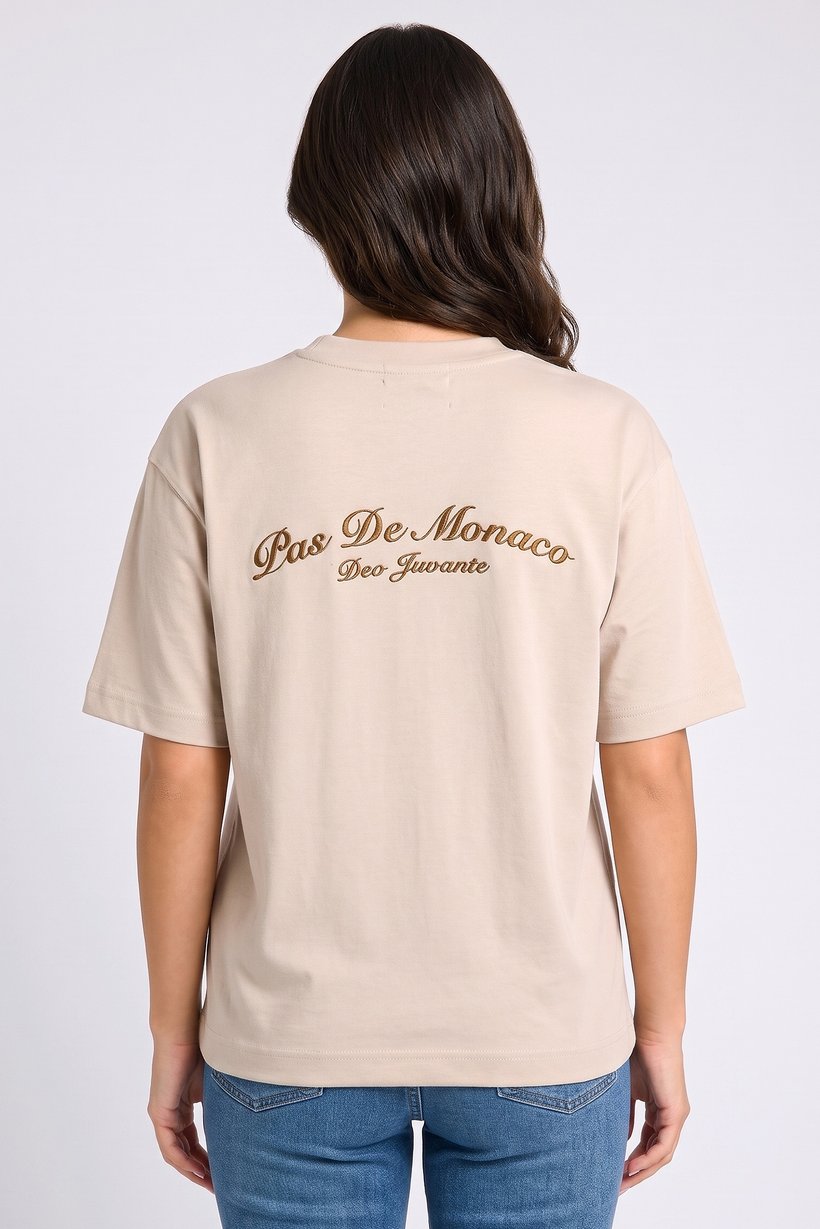 Women Crew Neck Short Sleeve  Embroidered Logo T-Shirt, Beige