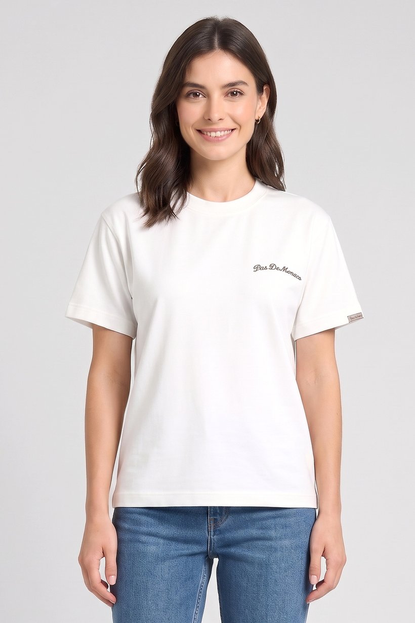 Women Crew Neck Short Sleeve Embroidered Logo T-Shirt, White