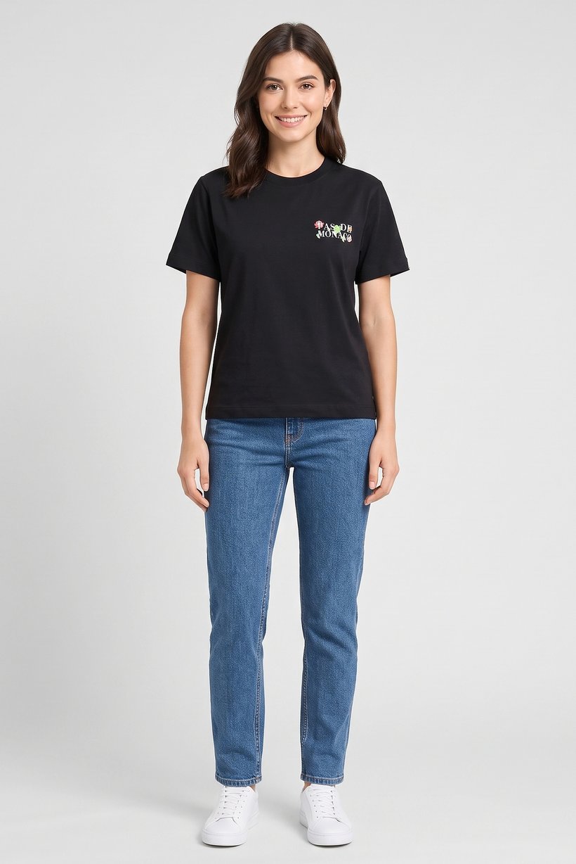 Women Crew Neck Short Sleeve Graphic Print T-Shirt, Black