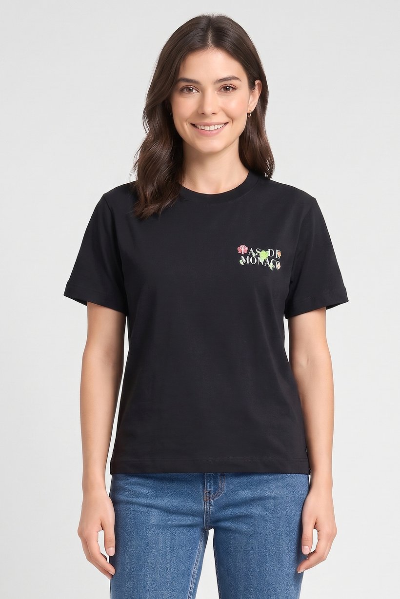 Women Crew Neck Short Sleeve Graphic Print T-Shirt, Black