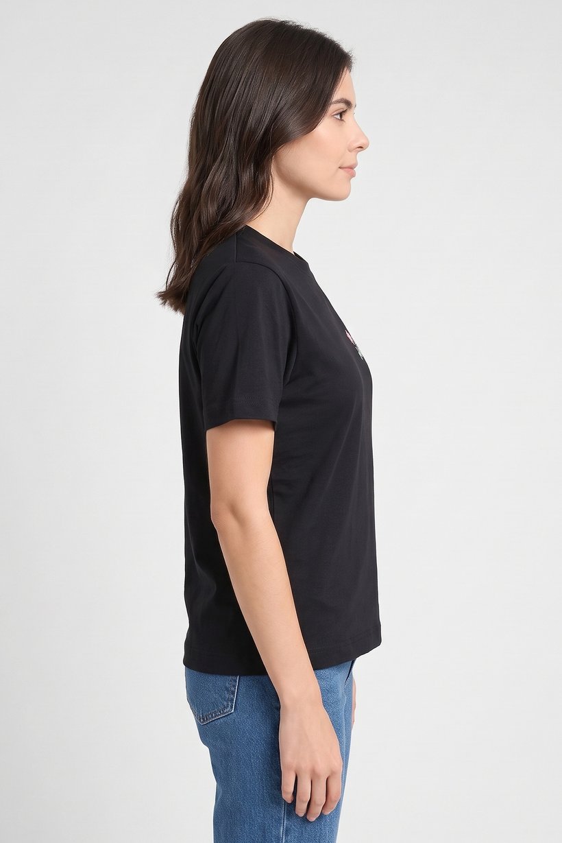 Women Crew Neck Short Sleeve Graphic Print T-Shirt, Black