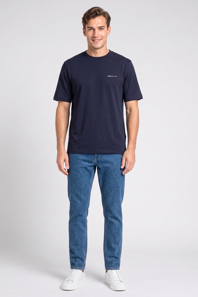 Men Crew Neck Short Sleeve Brand Logo T-Shirt, Navy Blue