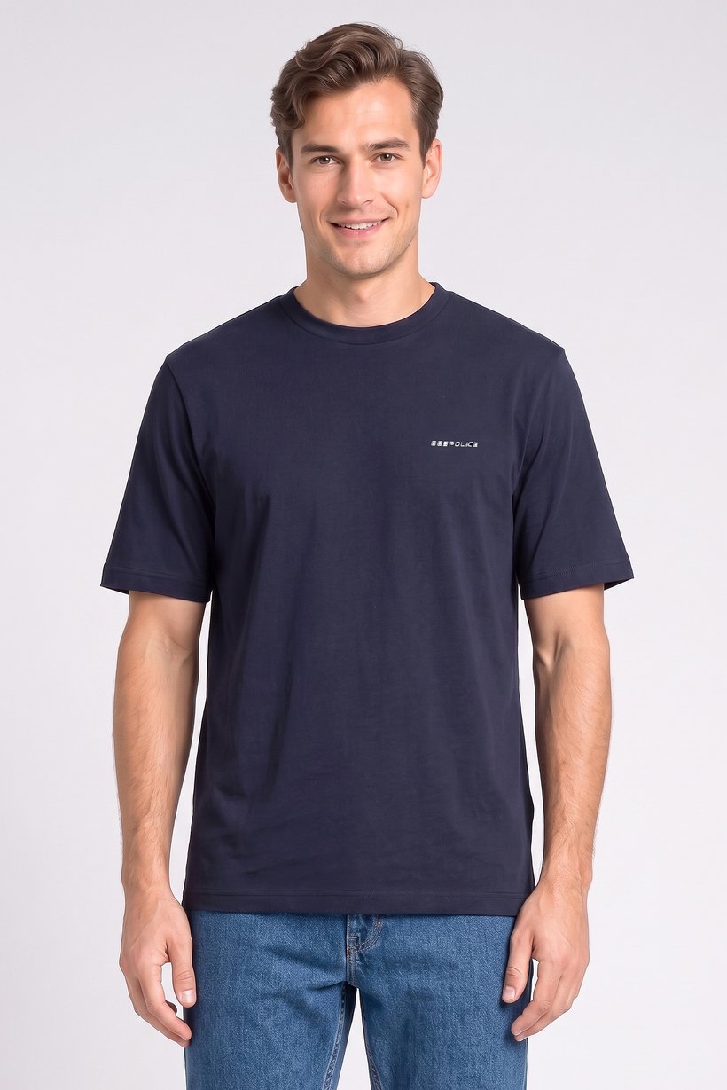 Men Crew Neck Short Sleeve Brand Logo T-Shirt, Navy Blue