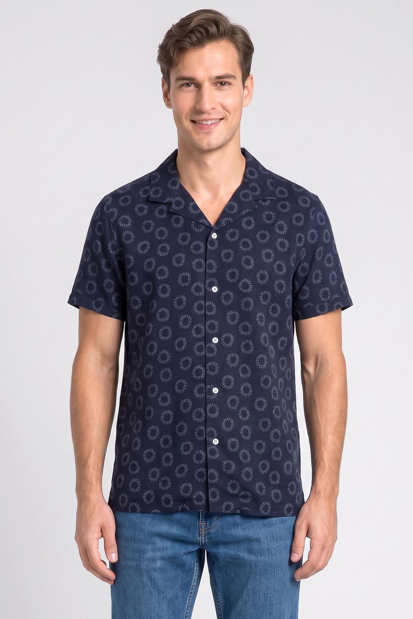 Men Lapel Collar Allover Print Short Sleeve Casual Shirt, Navy
