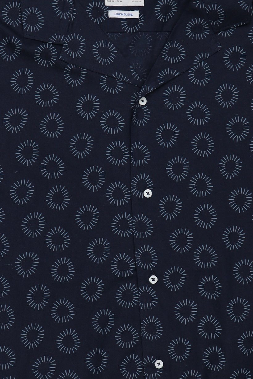 Men Lapel Collar Allover Print Short Sleeve Casual Shirt, Navy