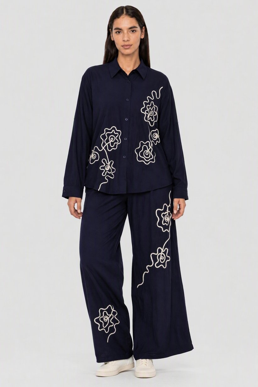 Women 2 Pieces Embroidered Shirt And Bottom Co-Ord Set, Navy Blue
