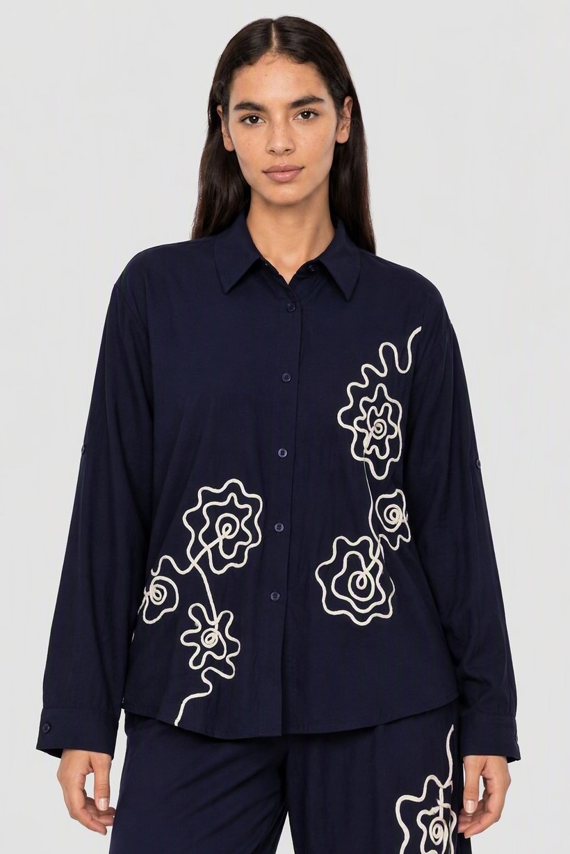 Women 2 Pieces Embroidered Shirt And Bottom Co-Ord Set, Navy Blue