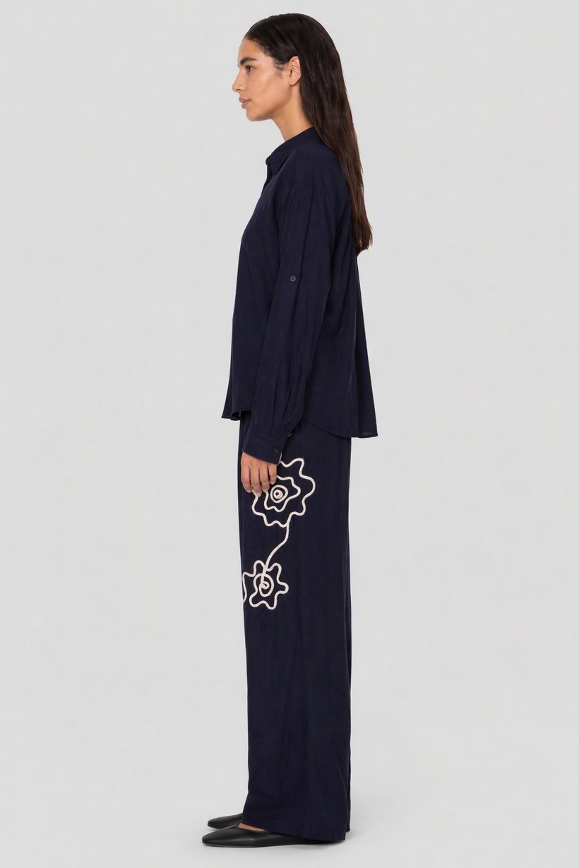 Women 2 Pieces Embroidered Shirt And Bottom Co-Ord Set, Navy Blue