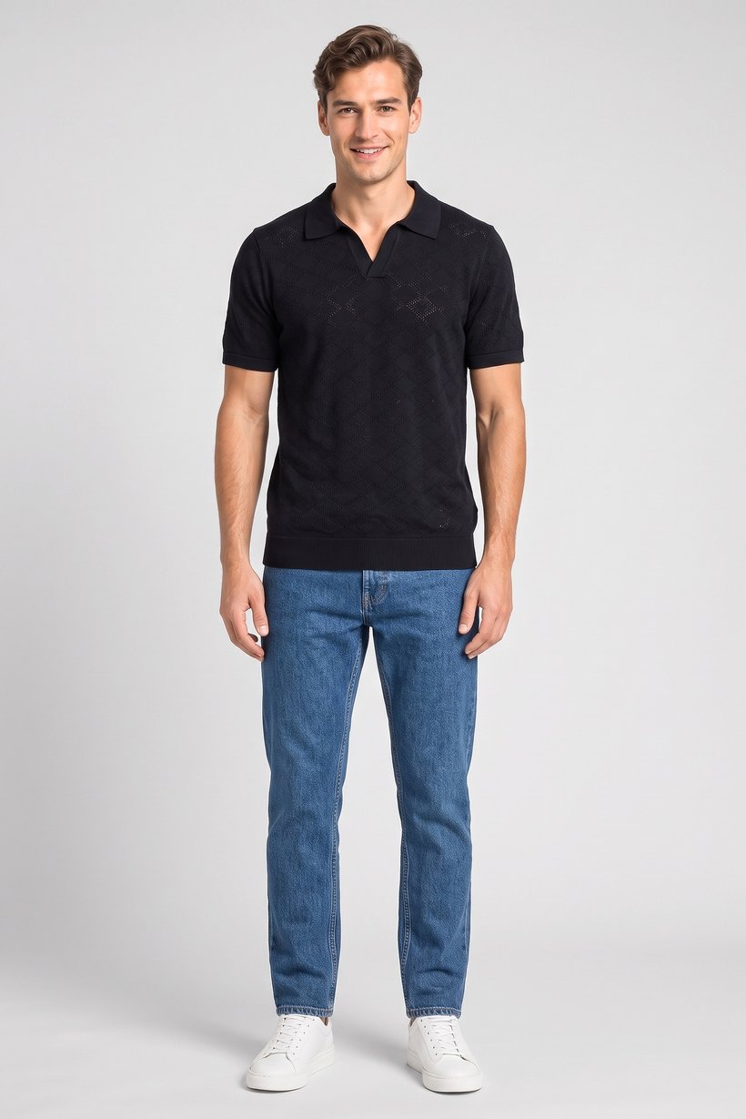 Men Regular Fit Knitted Short Sleeve Polo Shirt, Navy Blue